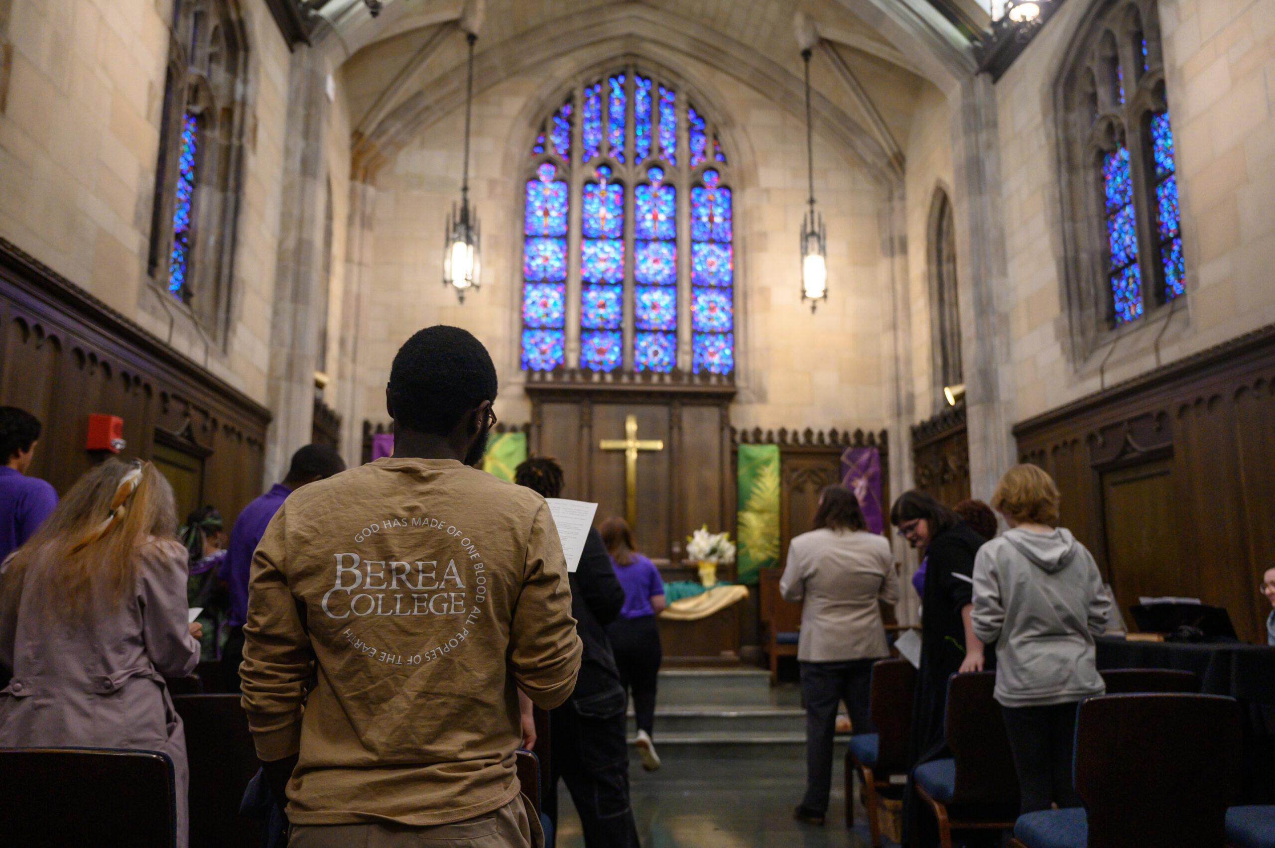 Students and others gather in the Danforth chapel for the inaugural service.
